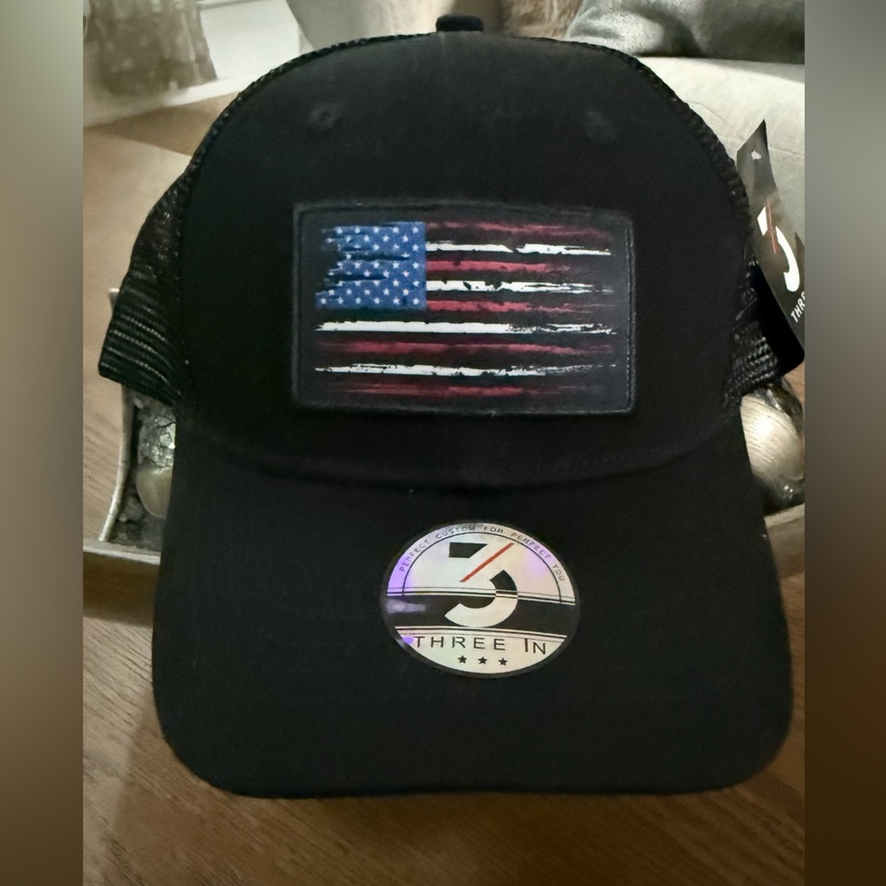 Three In Black Trucker Hat with American Flag Patch